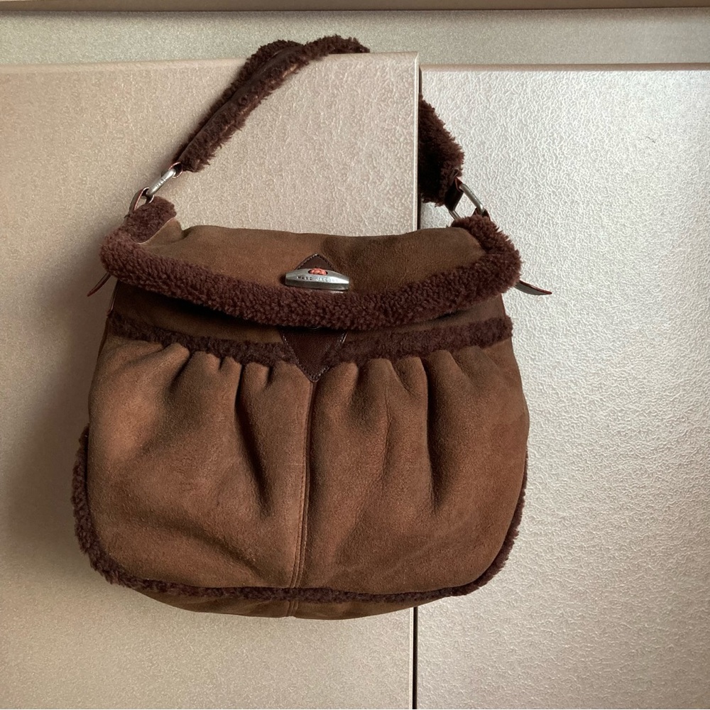 MARC JACOBS | Brown Suede & Leather Shoulder Bag Genuine Shearling Fur Trim